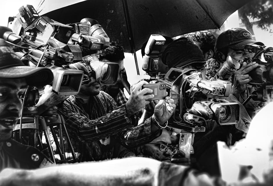 Crowd of reporters with cameras